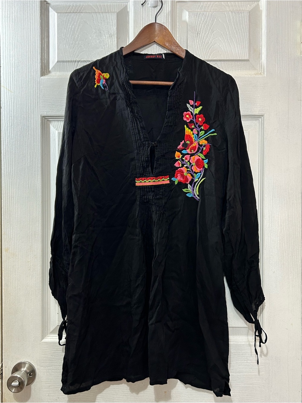 Johnny Was Black Rayon Polyester Floral Embroidered Tunic Dress Size S